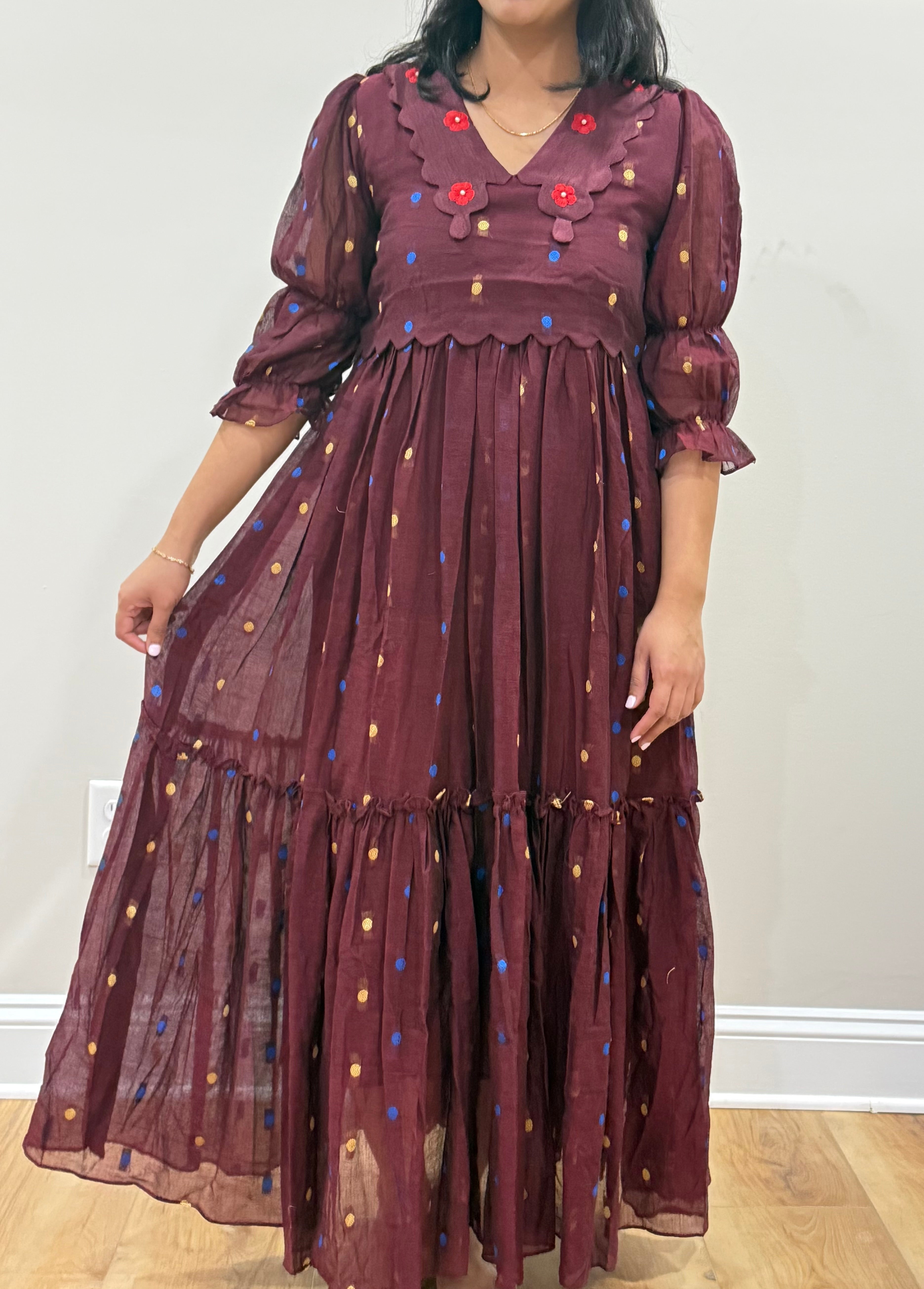 Tiered handloom jamdani dress in brown