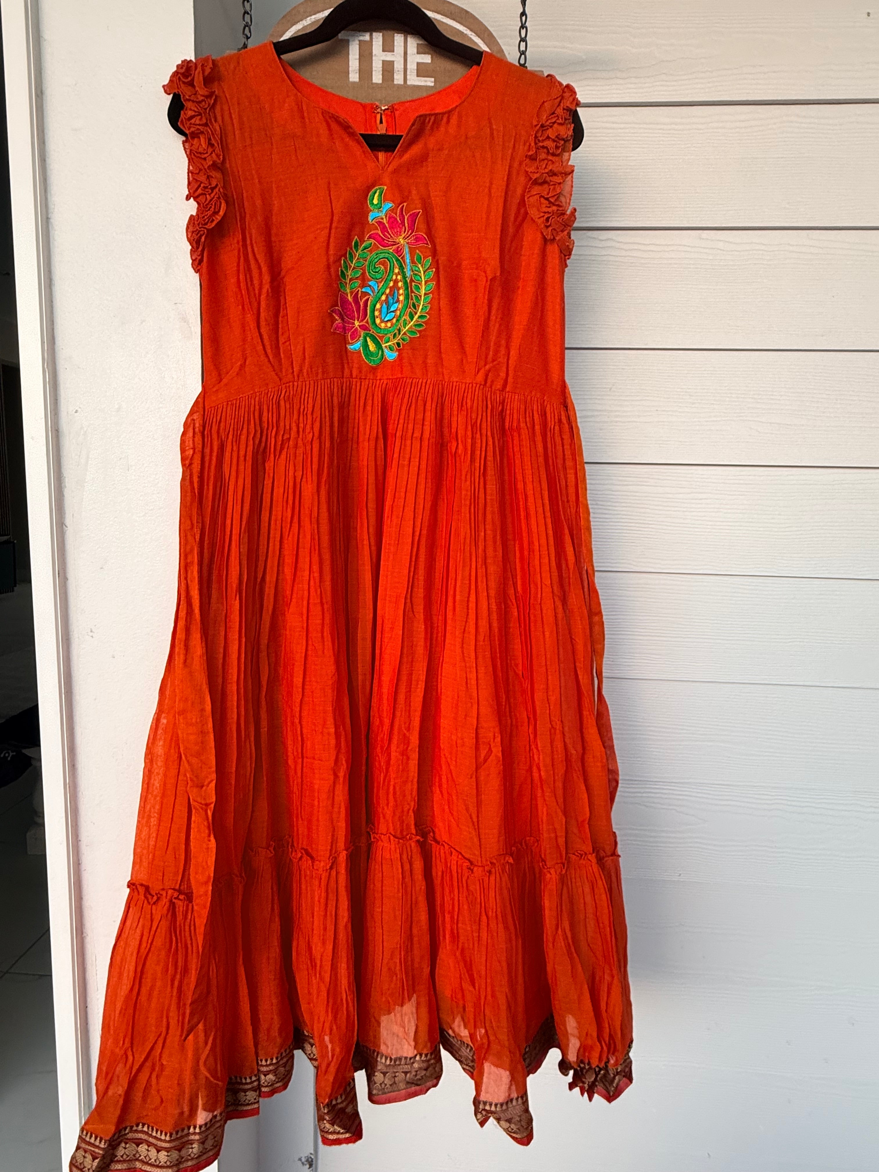 Orange Narayanpet frock with thread work on yoke