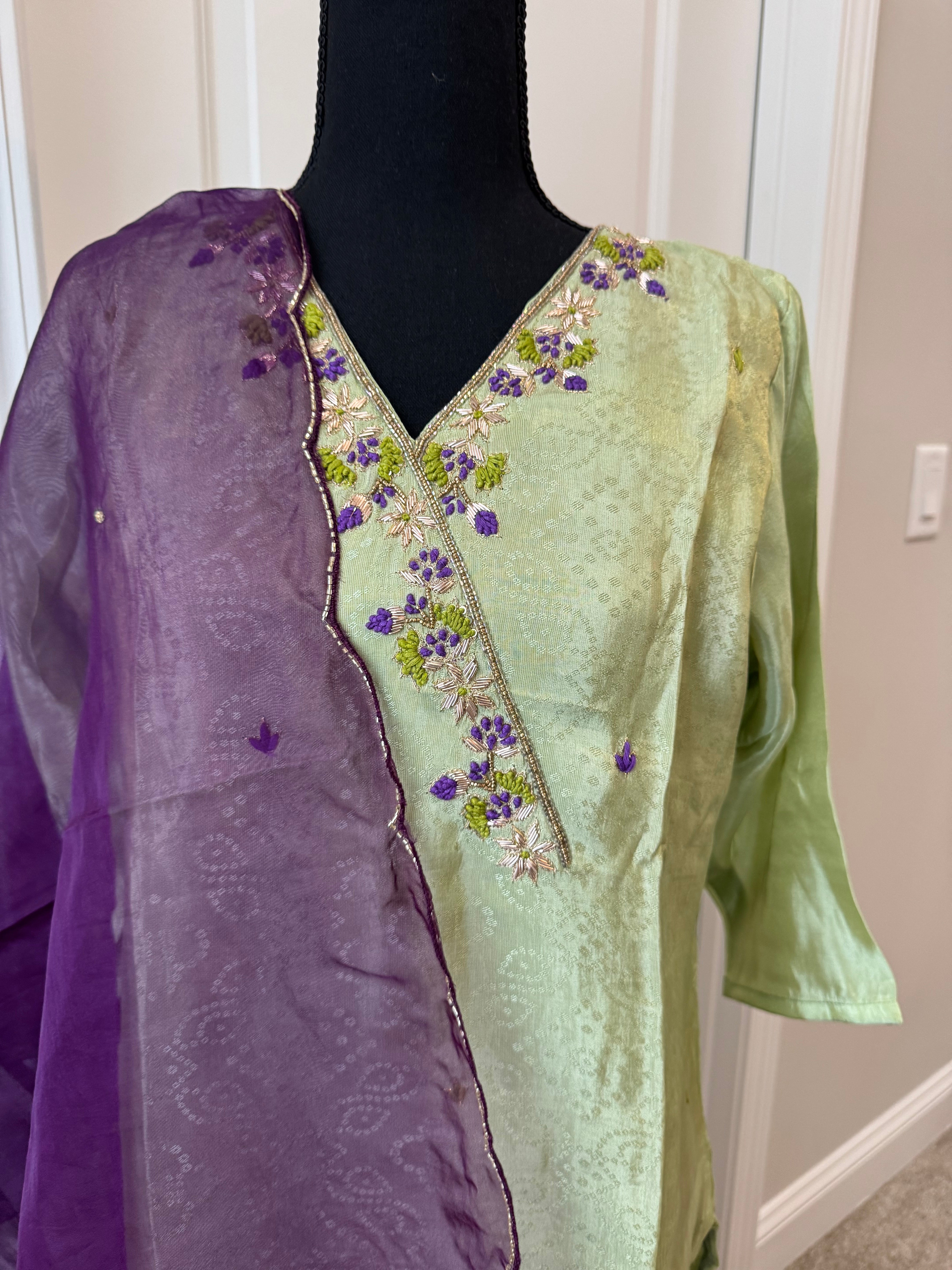 Pista green kurti set with hand work