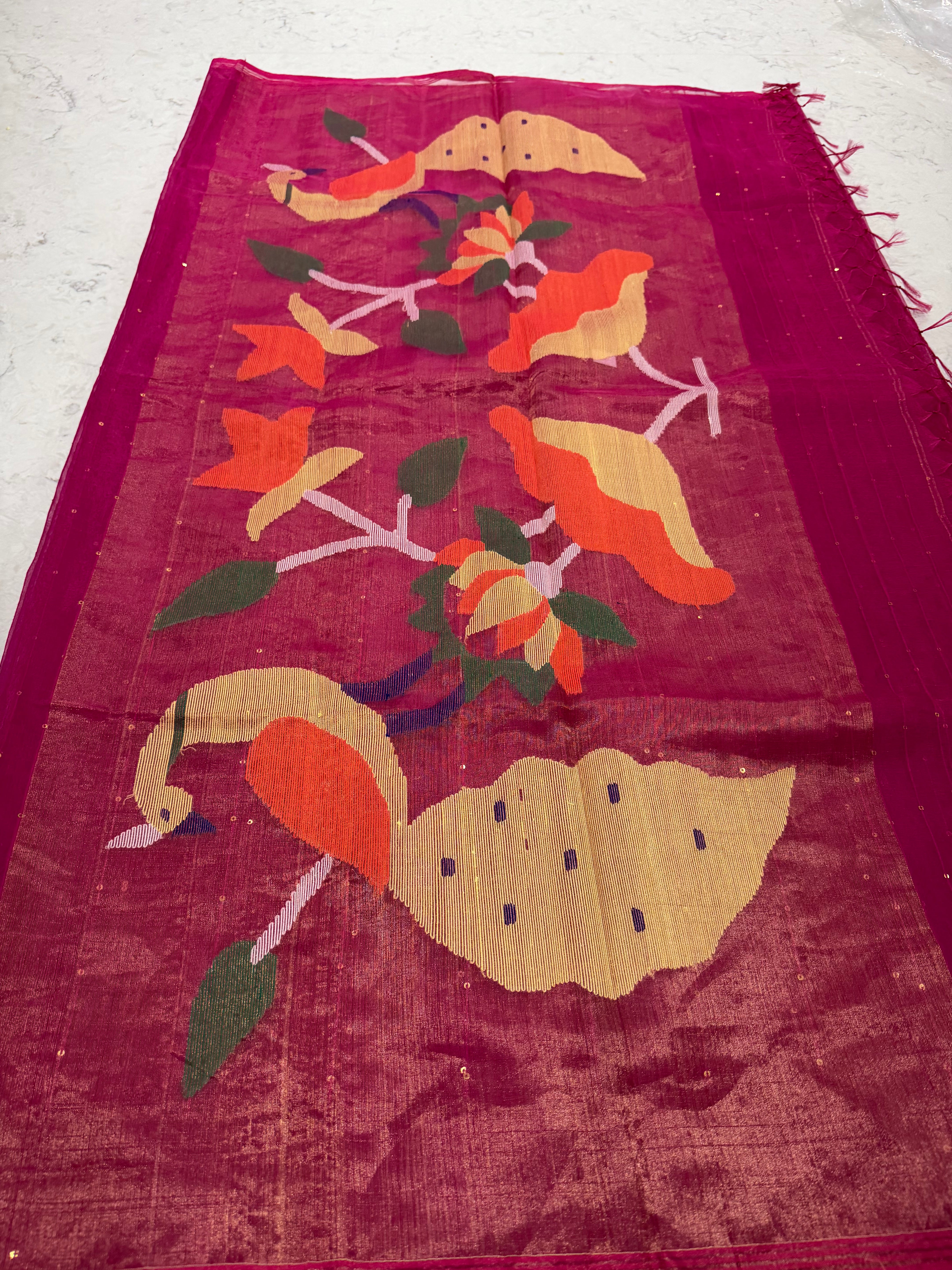 Kora muslin Jamdani saree with sequence work in Pink