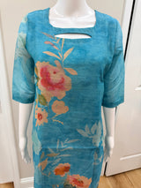 Blue semi tussar 3 pc kurti set with gold leggings