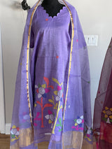 A line Handloom Muslin Jamdani set in lavender- with bottoms