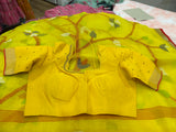 Kora muslin Jamdani overall saree with maggam blouse in yellow