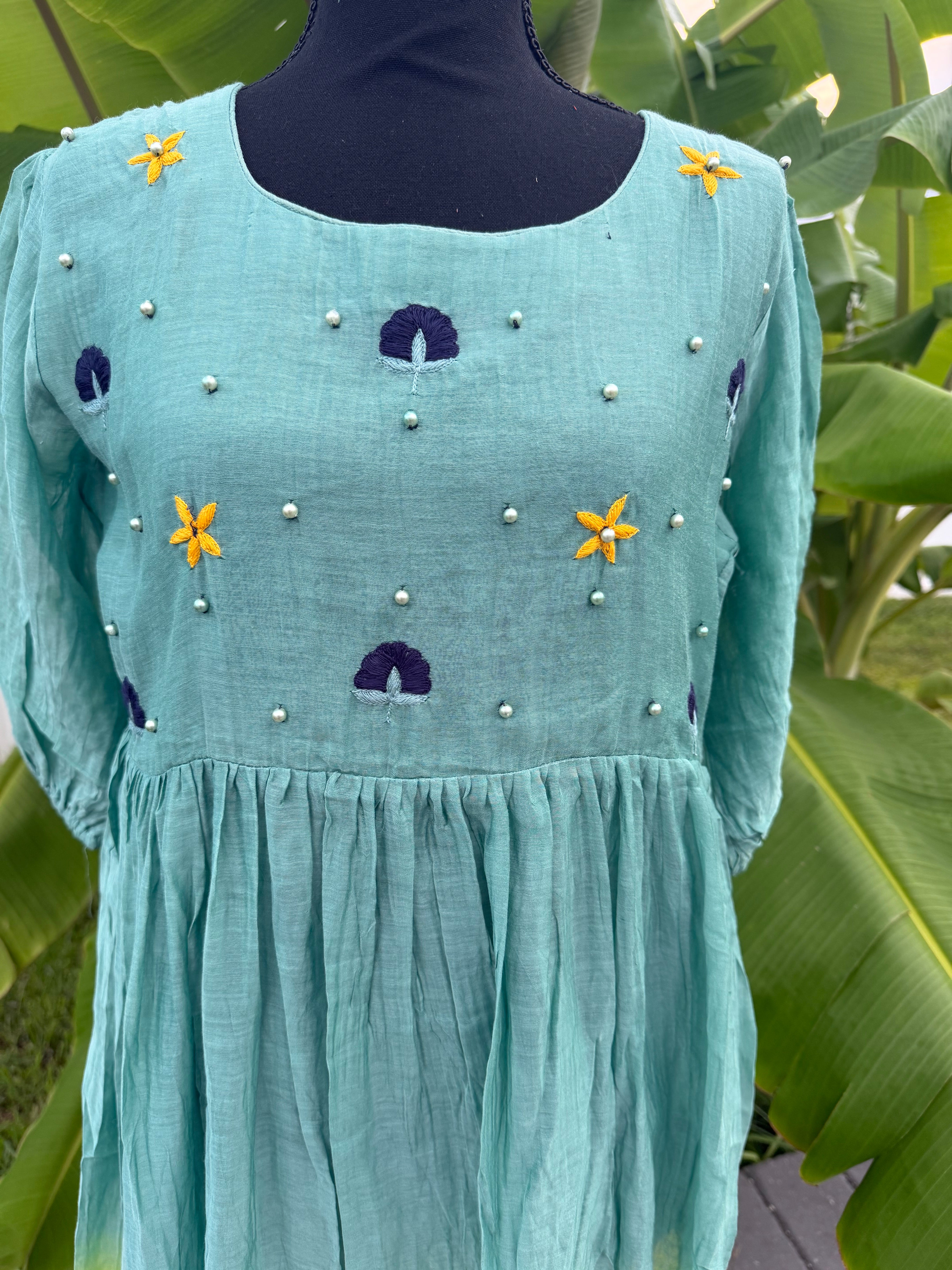 Ombre green and yellow mul chanderi frock