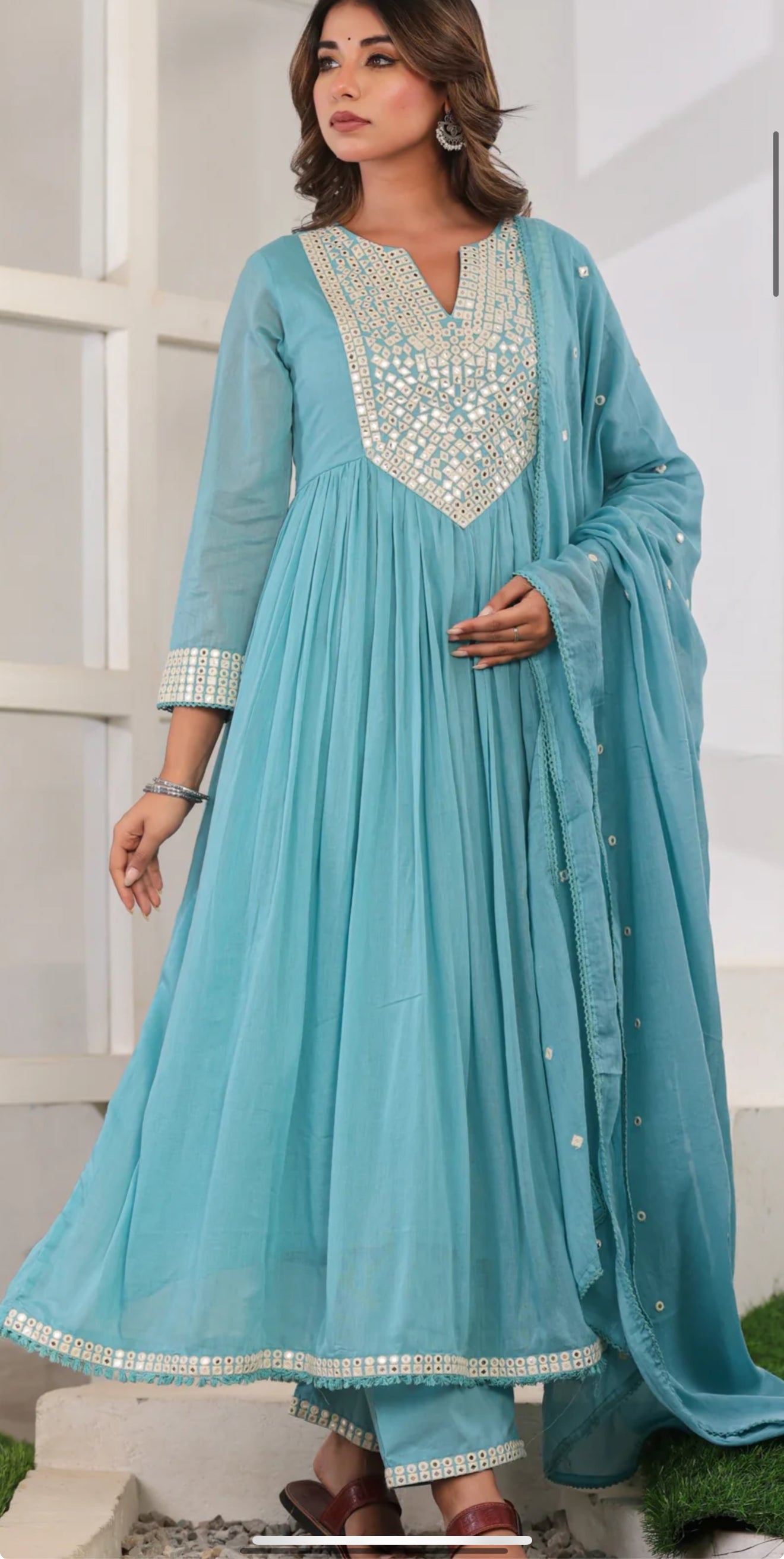 Sky blue color mul cotton kurti set with mirror work on yoke part