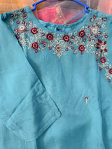 XXL- Powder blue organza kurti set with heavy work on yoke part paired