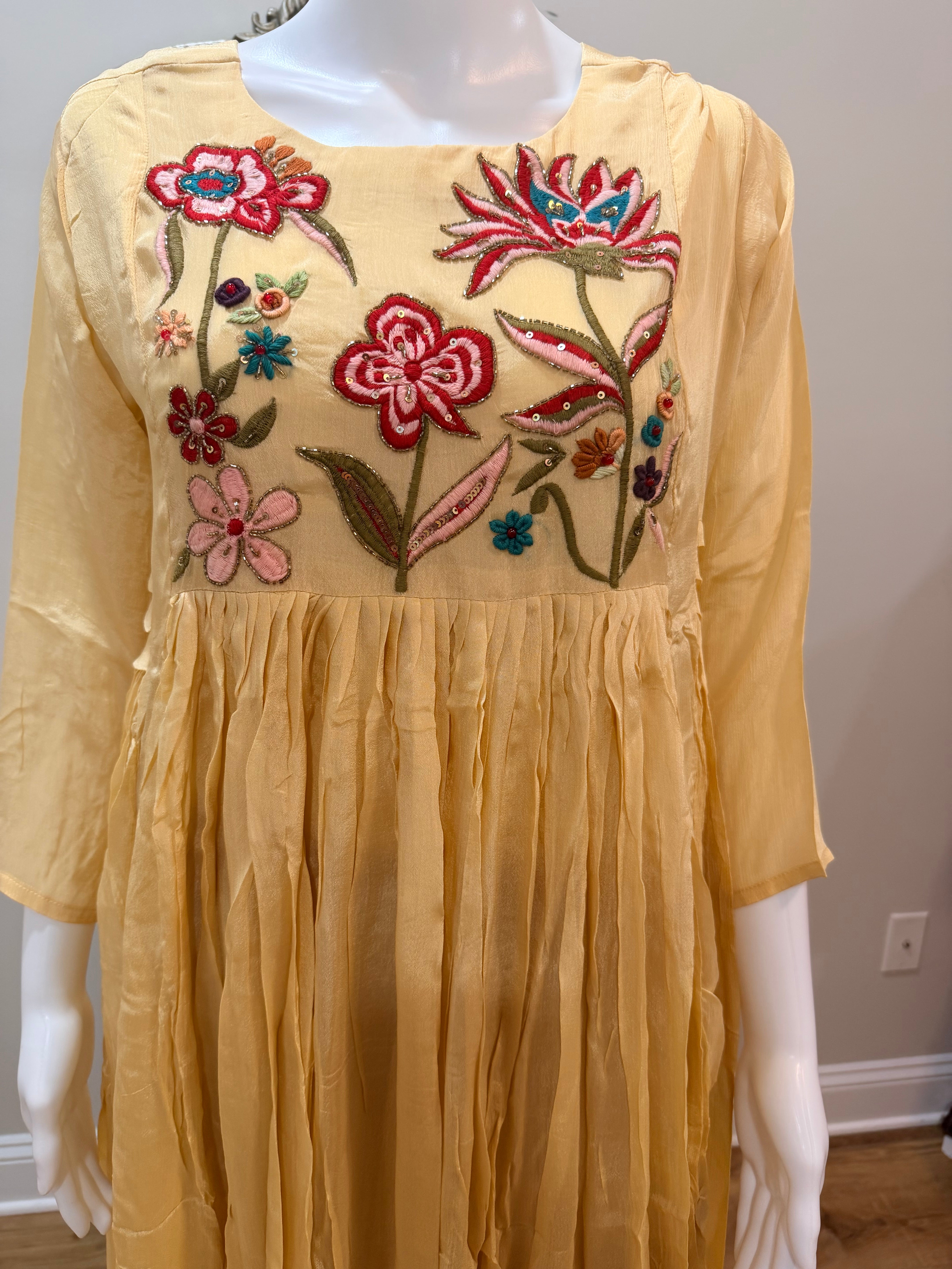Cream floral party wear chinnon dress