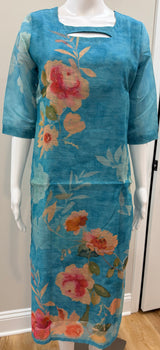 Blue semi tussar 3 pc kurti set with gold leggings