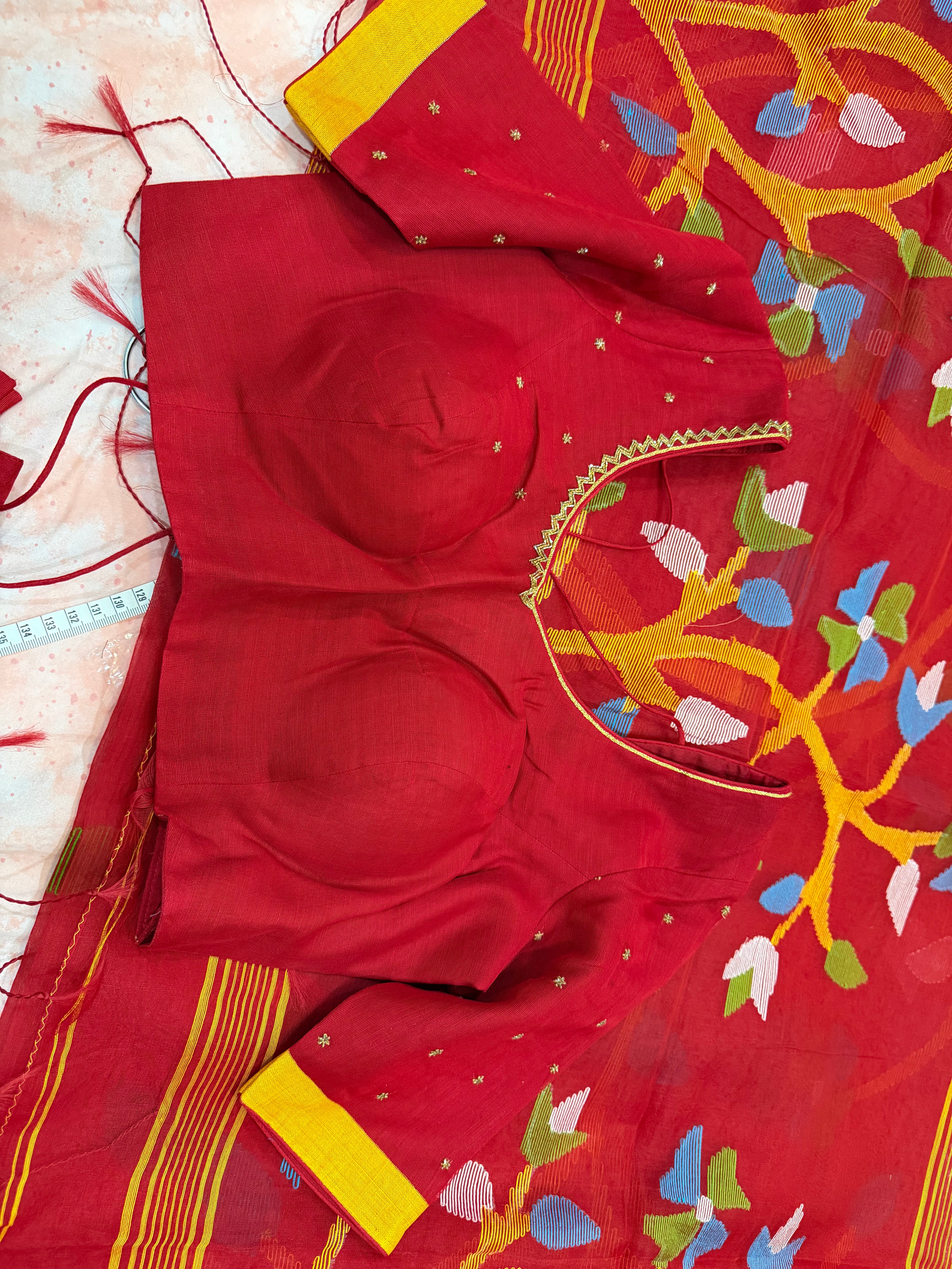 Kora muslin Jamdani overall saree with maggam blouse