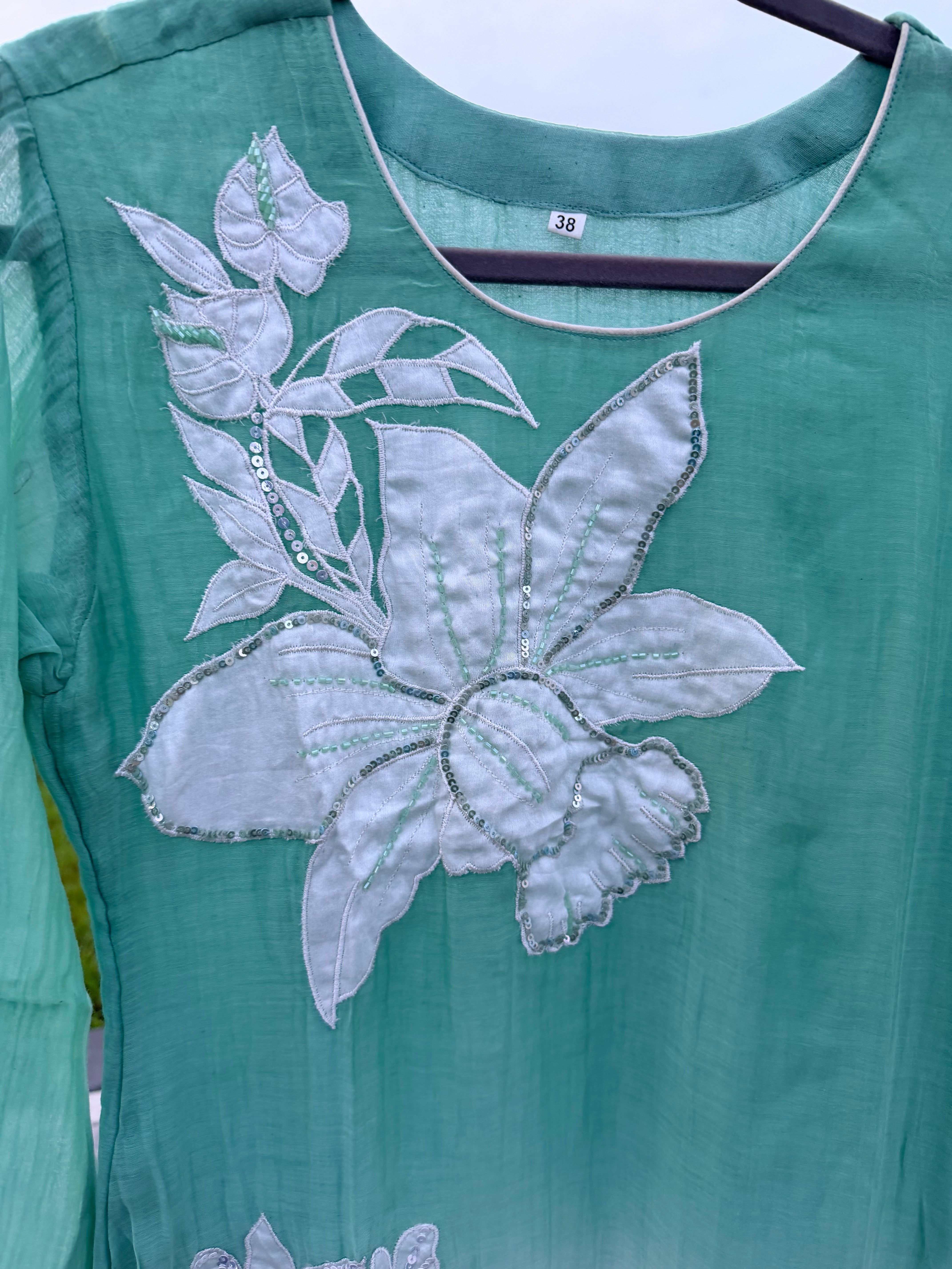 Ombre green and white Mul Chanderi set