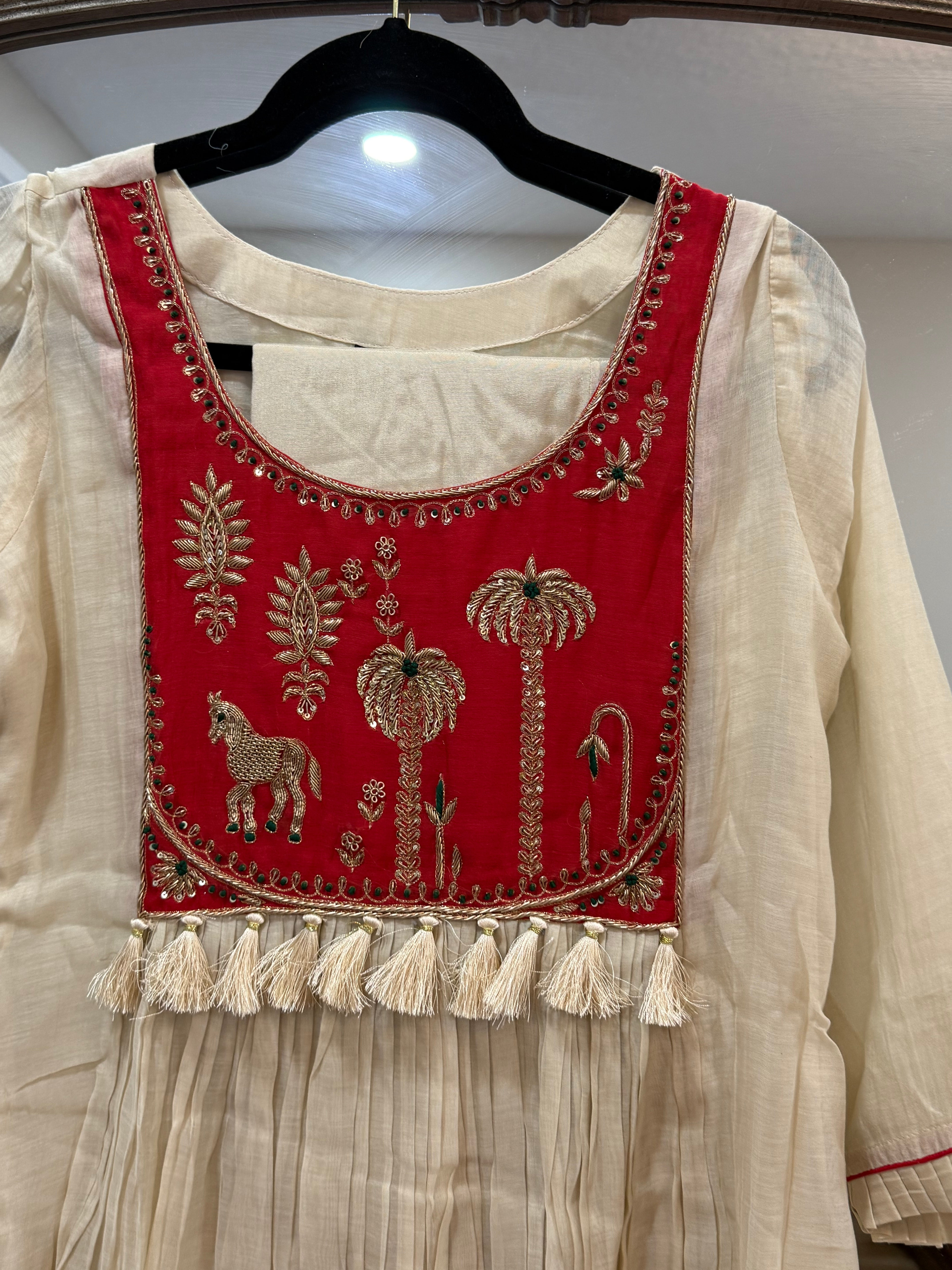 Red and beige Mul Chanderi set