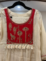 Red and beige Mul Chanderi set