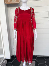 Red chinnon dress with hand work on hands