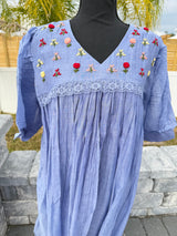 Cornflower blue mul chanderi frock with knot work