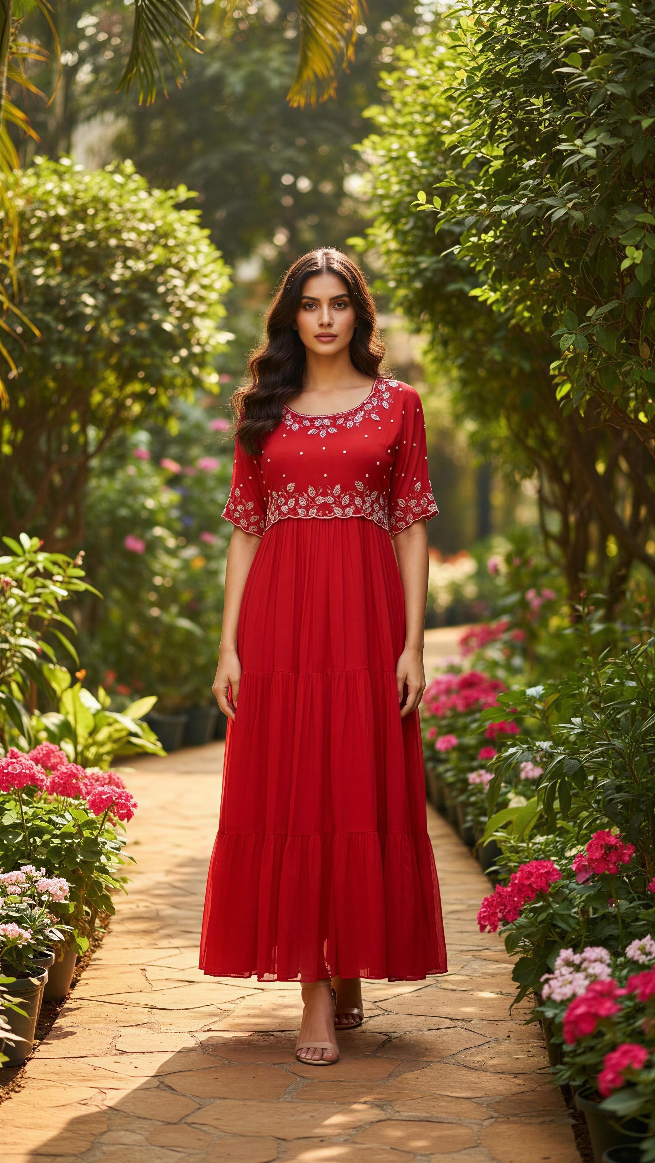 Red chinnon layered frock with hand work