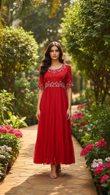Red chinnon layered frock with hand work