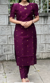 Wine color raw silk co ord set with gold buttis