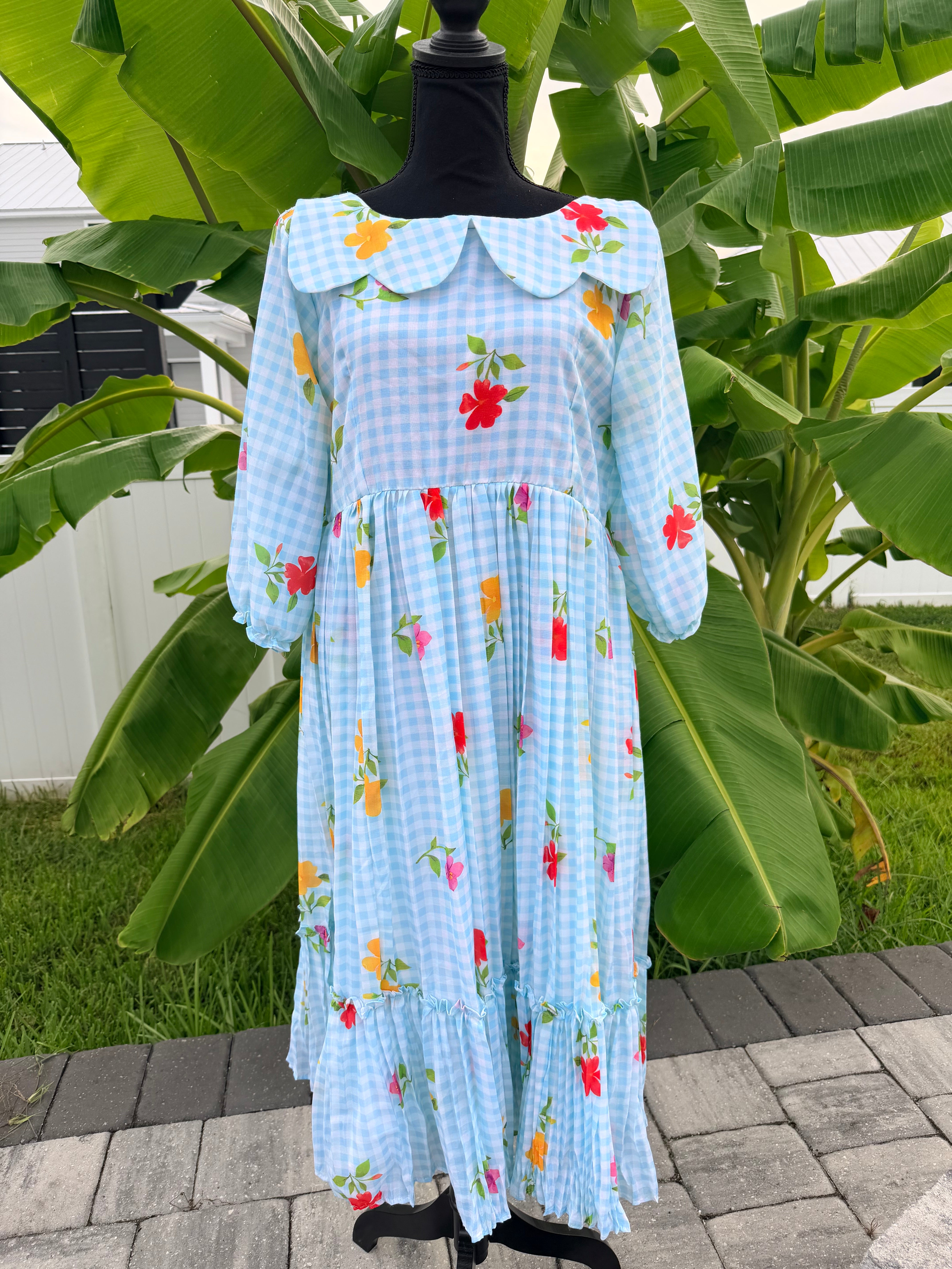 Ice blue- Gingham checks mul chanderi frock