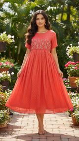Light orange Party wear chinnon dress