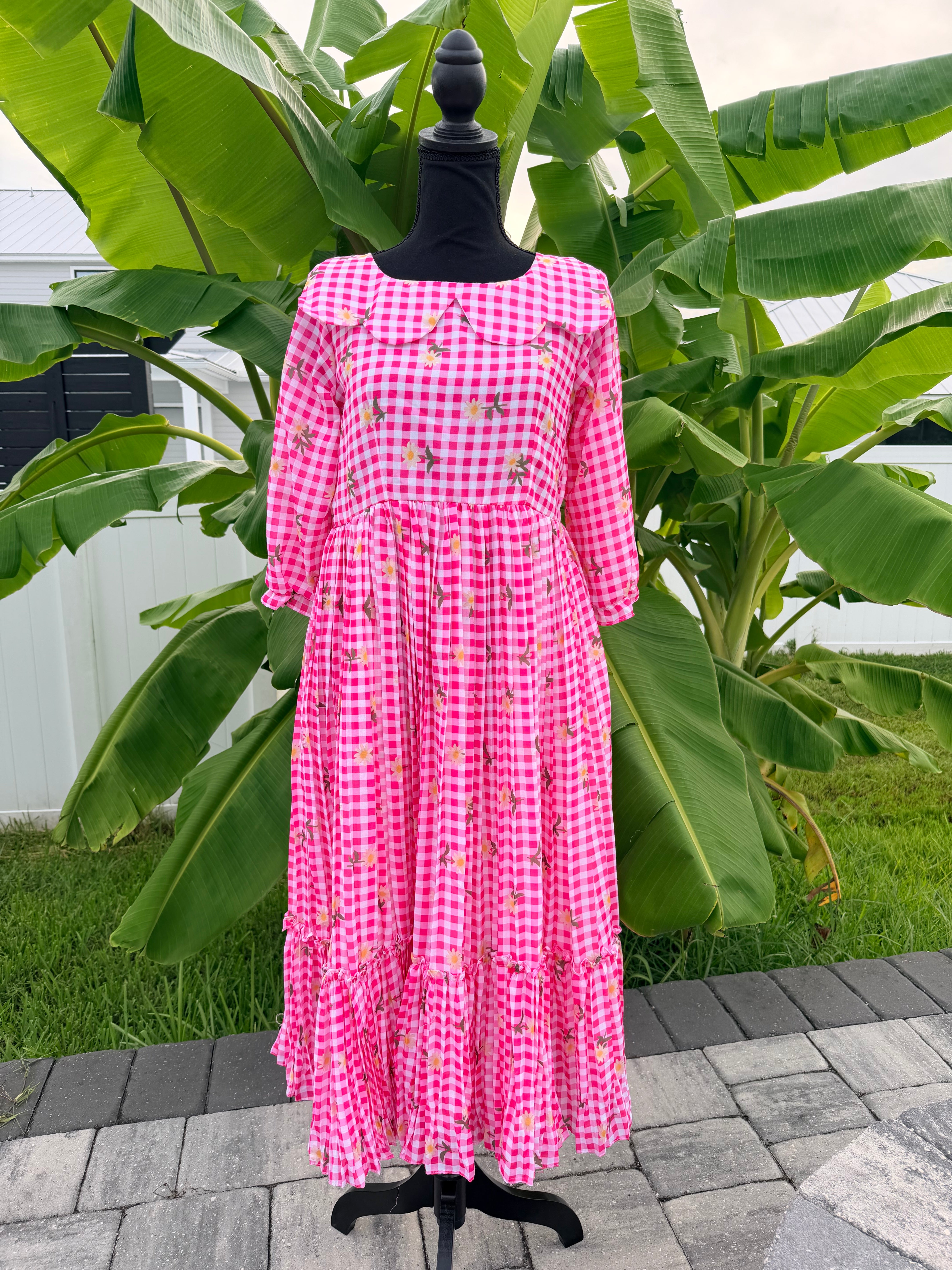 Pink- Gingham checks mul chanderi frock
