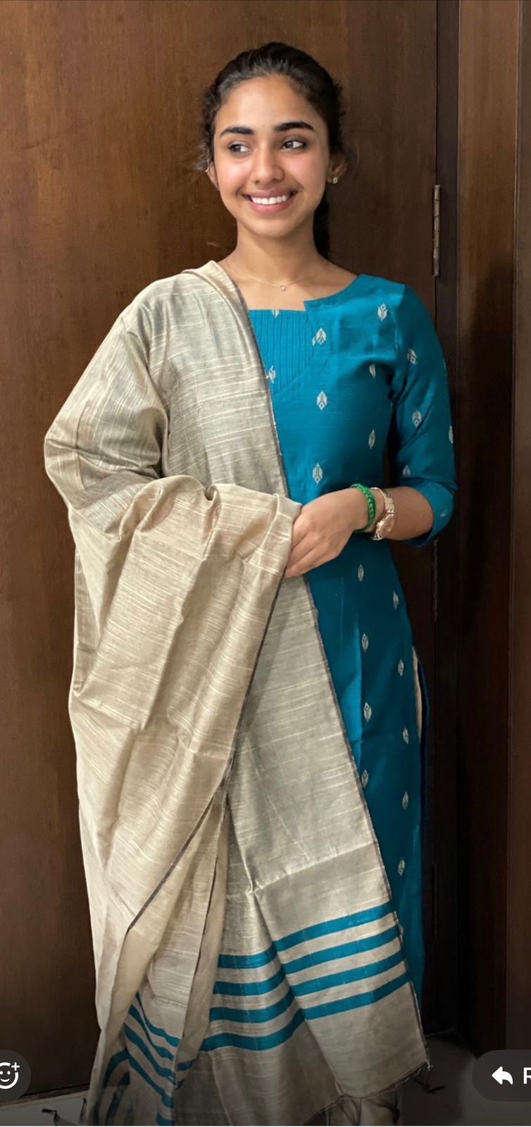 Peacock blue raw silk 3 pc set