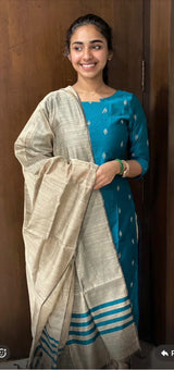 Peacock blue raw silk 3 pc set