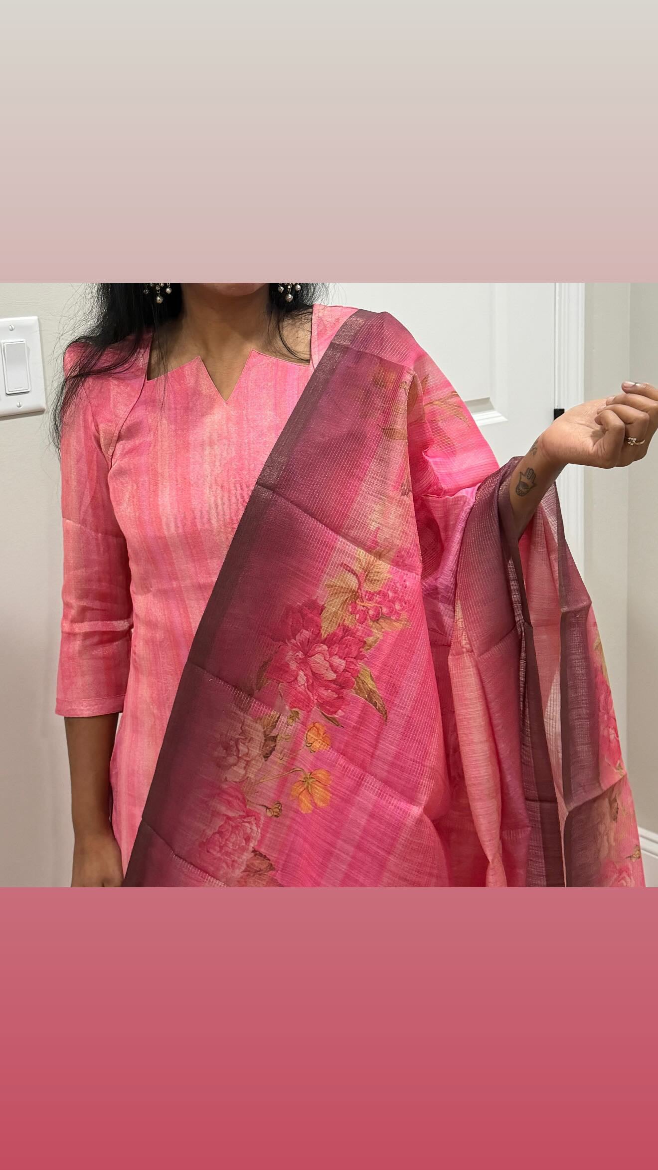 Peach tussar silk 3 piece kurti set with gold leggings