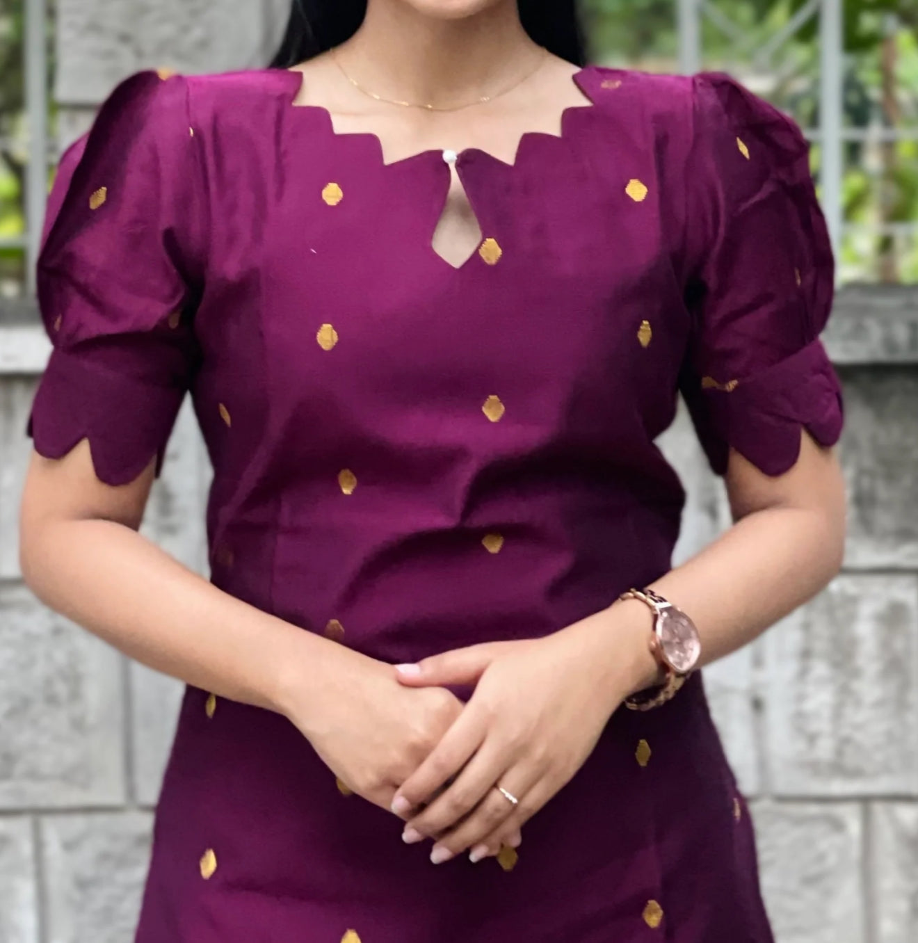 Wine color raw silk co ord set with gold buttis