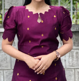 Wine color raw silk co ord set with gold buttis