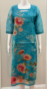 Blue semi tussar 3 pc kurti set with gold leggings