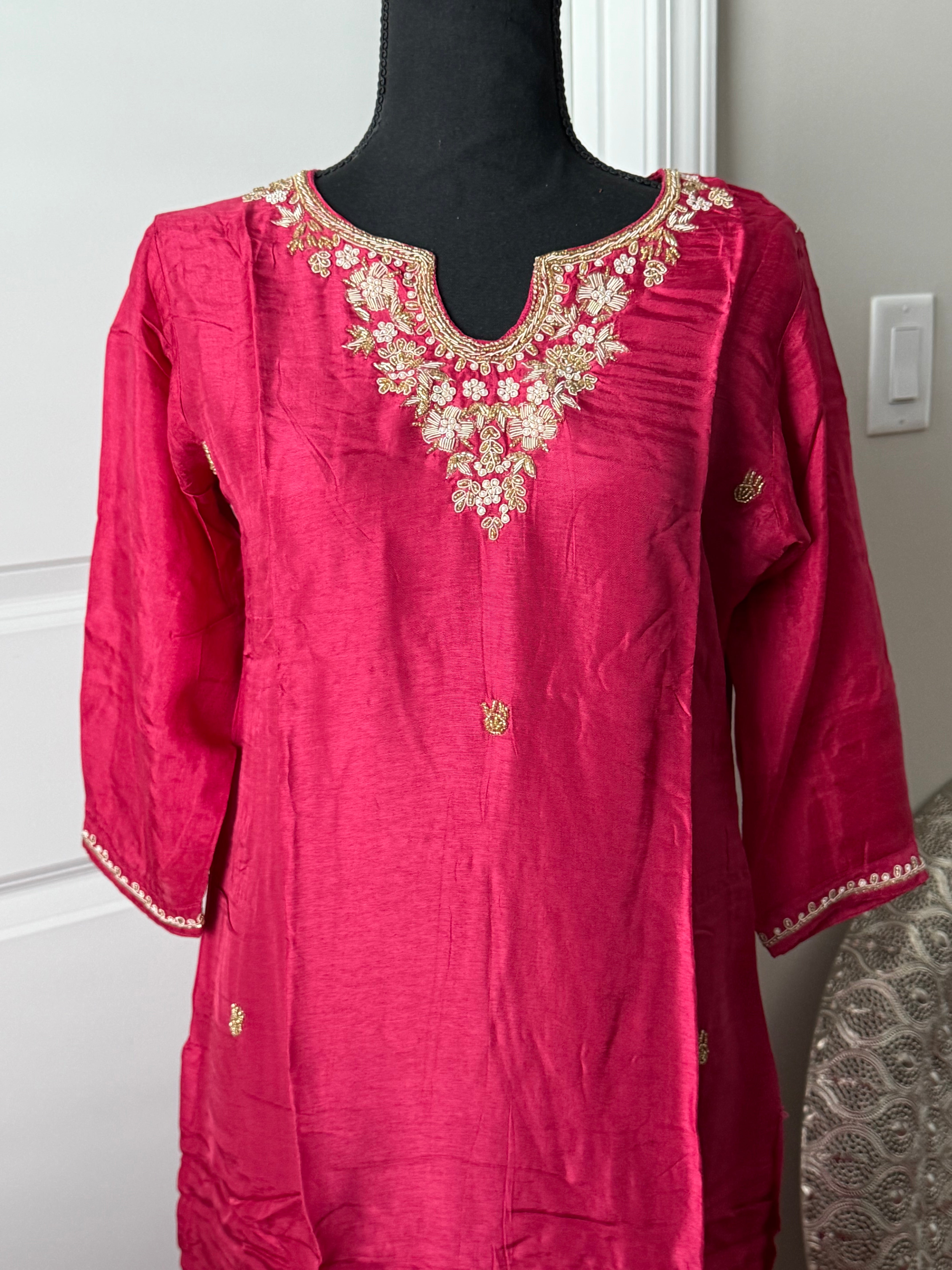 L size - pink dola silk kurti set with handwork and bandhini dupatta