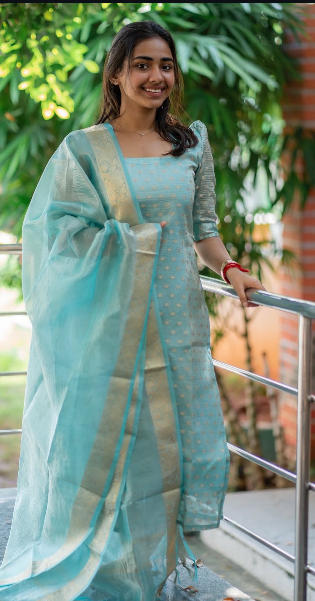 Blue tissue silk 2 pc kurti set with gold leggings