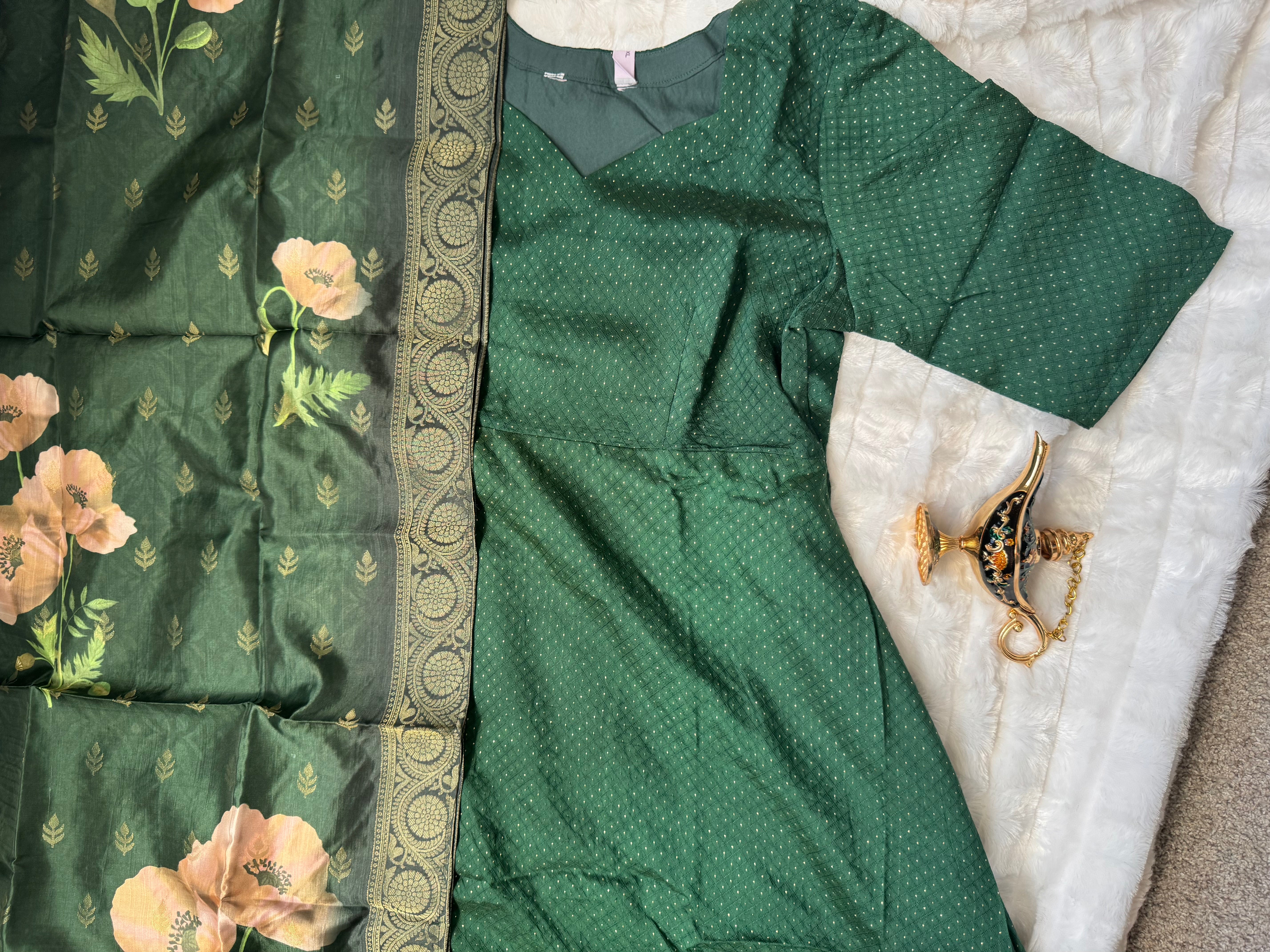 Green sequins silk dress paired with printed floral dupatta