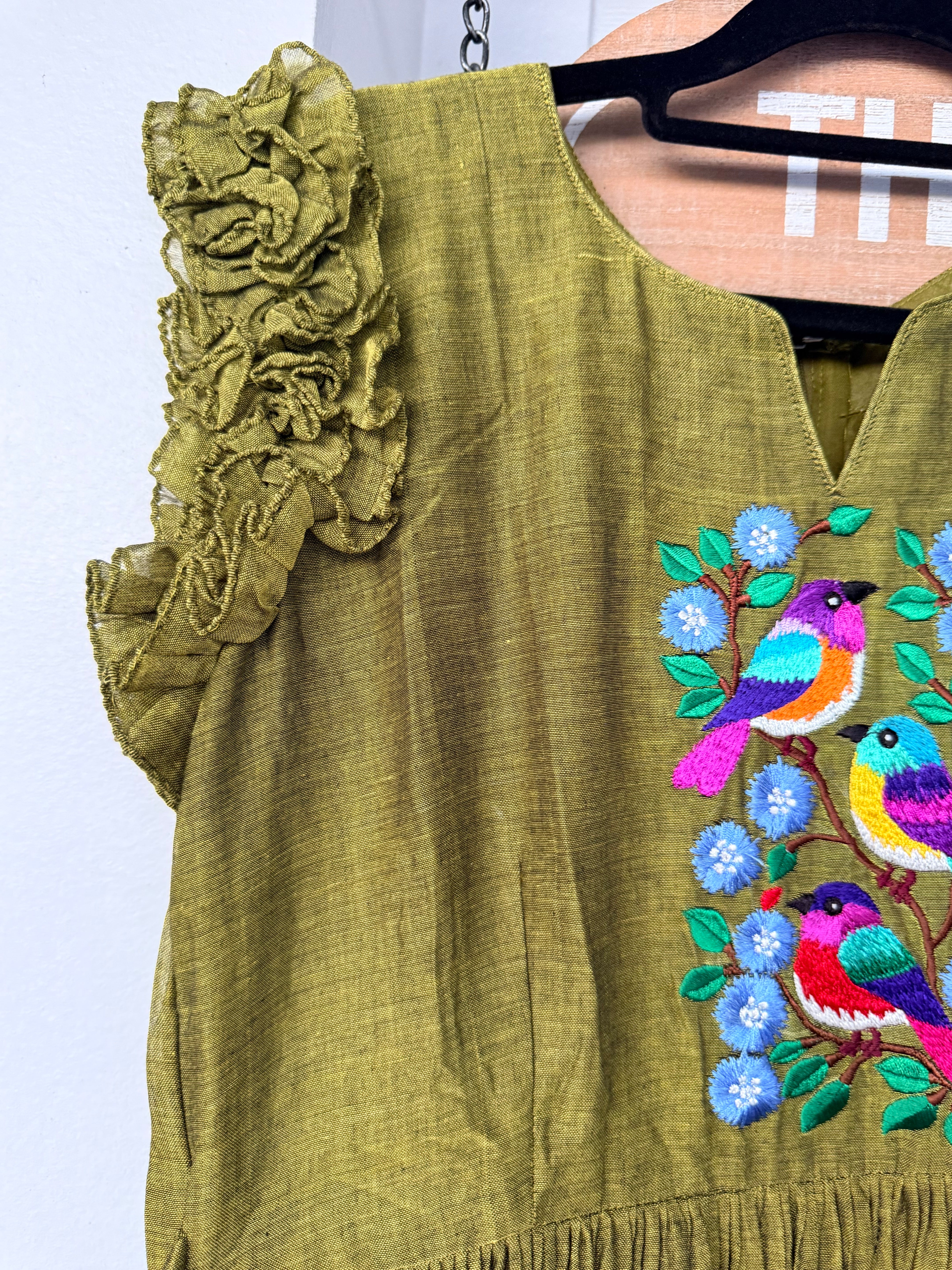 Olive green narayanpet frock with thread work