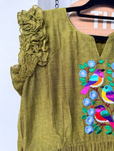 Olive green narayanpet frock with thread work