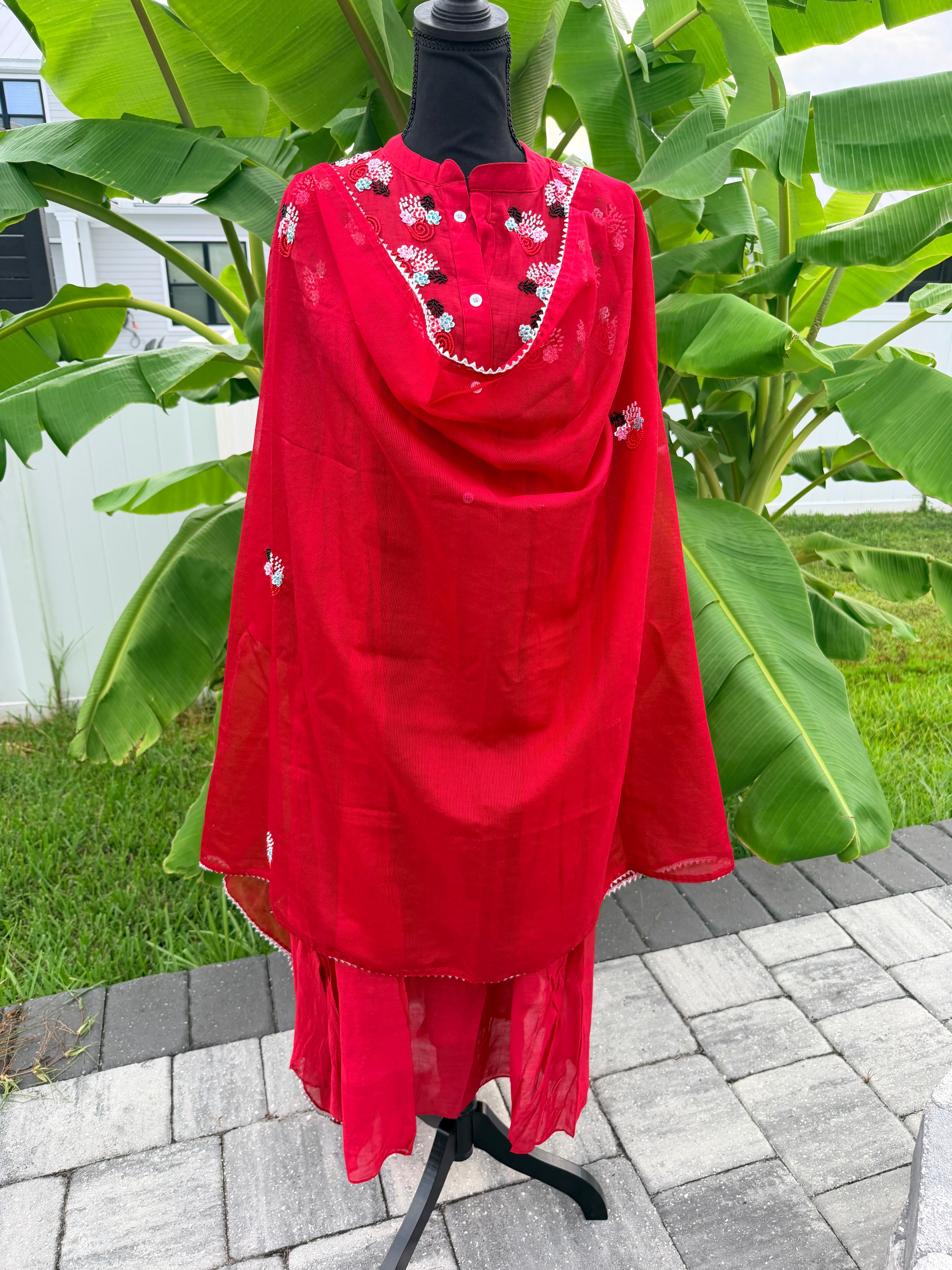 Red Mul Chanderi set with handwork