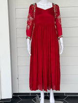 Red chinnon dress with hand work on hands