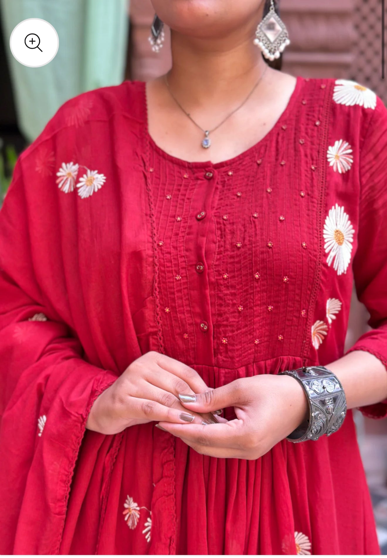 Red floral mul cotton kurti set