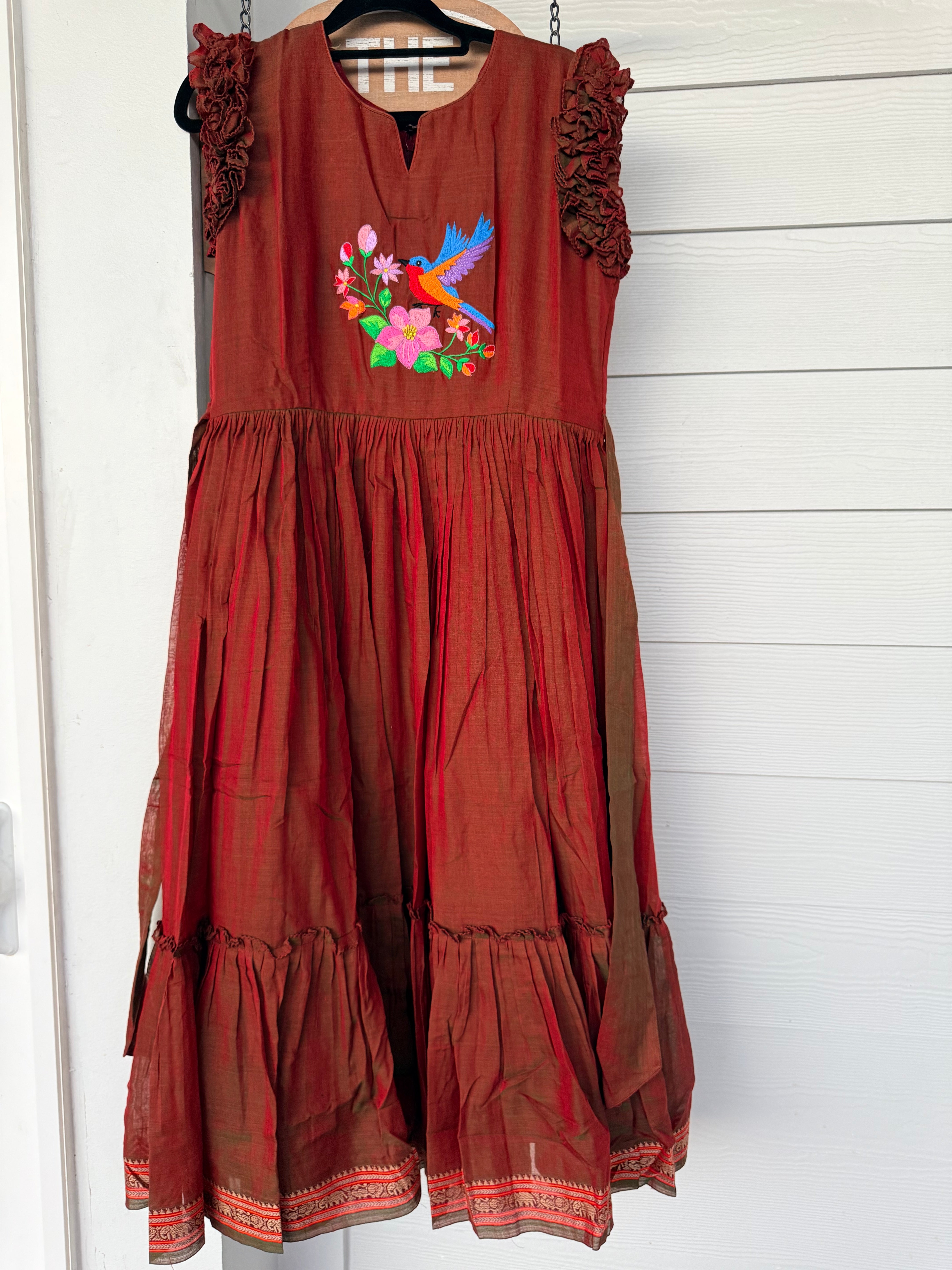 Browish maroon narayanpet frock with thread work