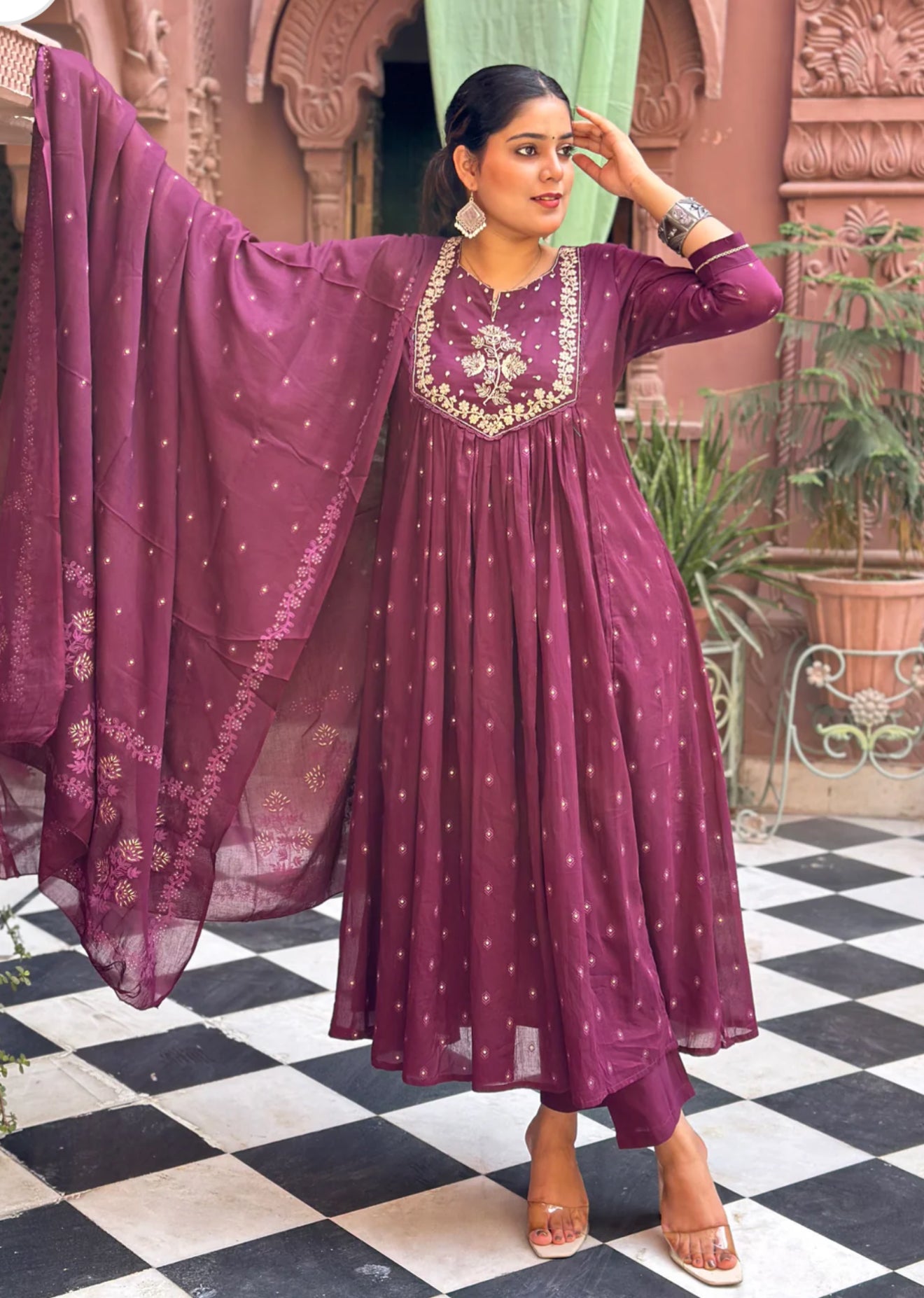Wine color mul cotton kurti set