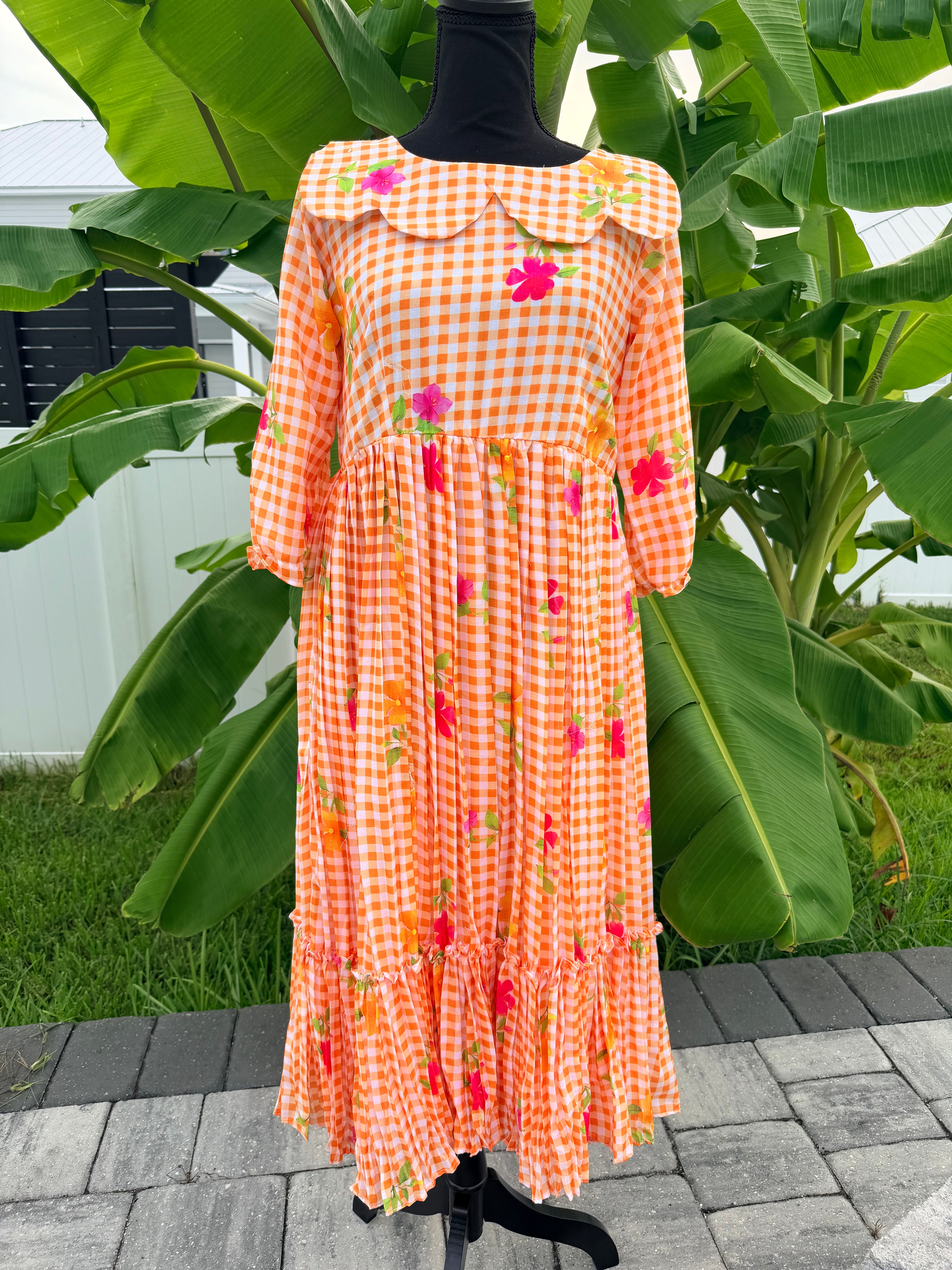 Orange- Gingham checks mul chanderi frock