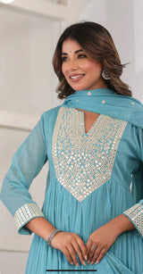 Sky blue color mul cotton kurti set with mirror work on yoke part