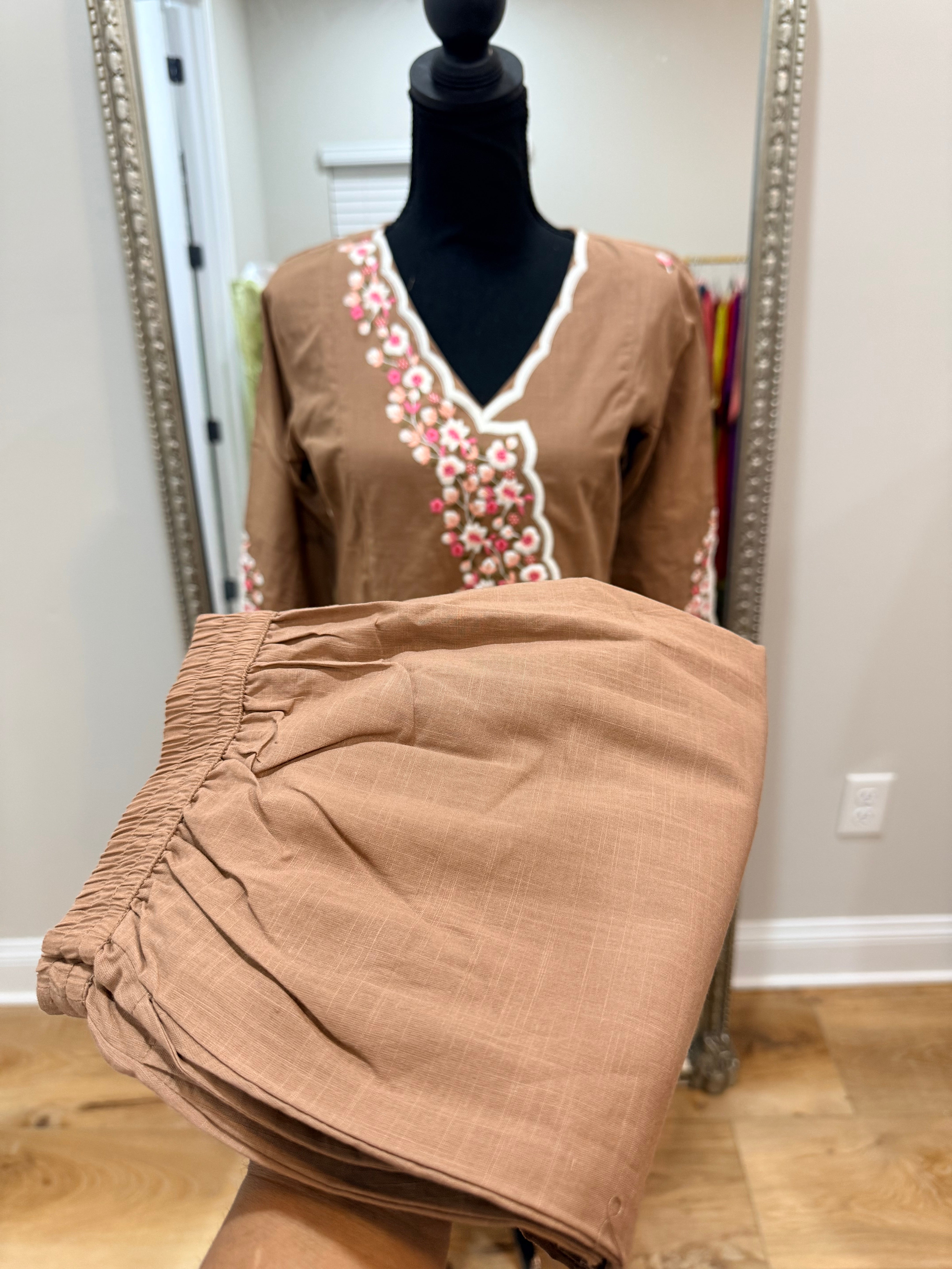 Brown Floral thread work co ord set with V neck