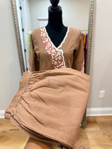 Brown Floral thread work co ord set with V neck