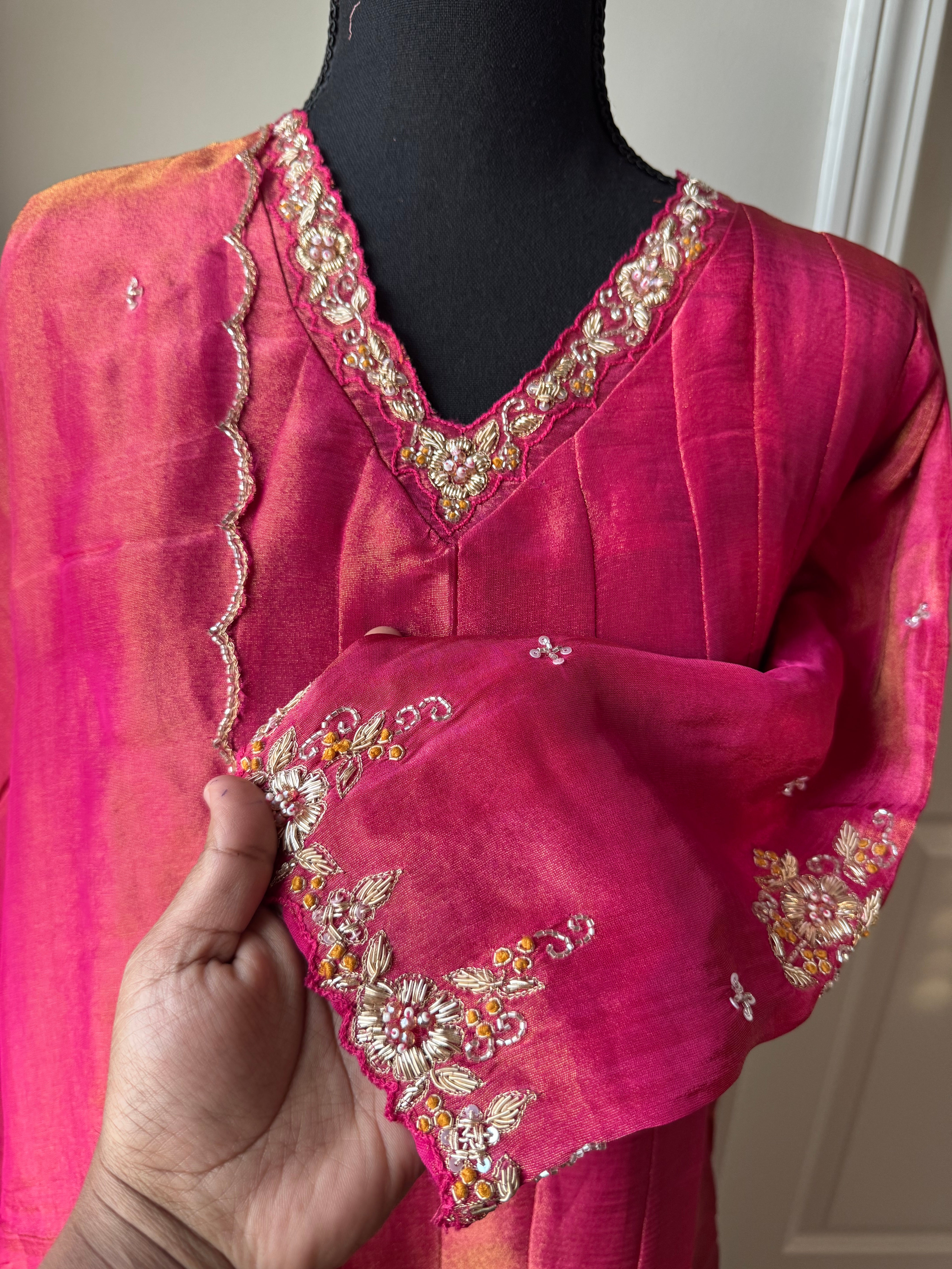 Pure tissue silk kurti set with zardosi work