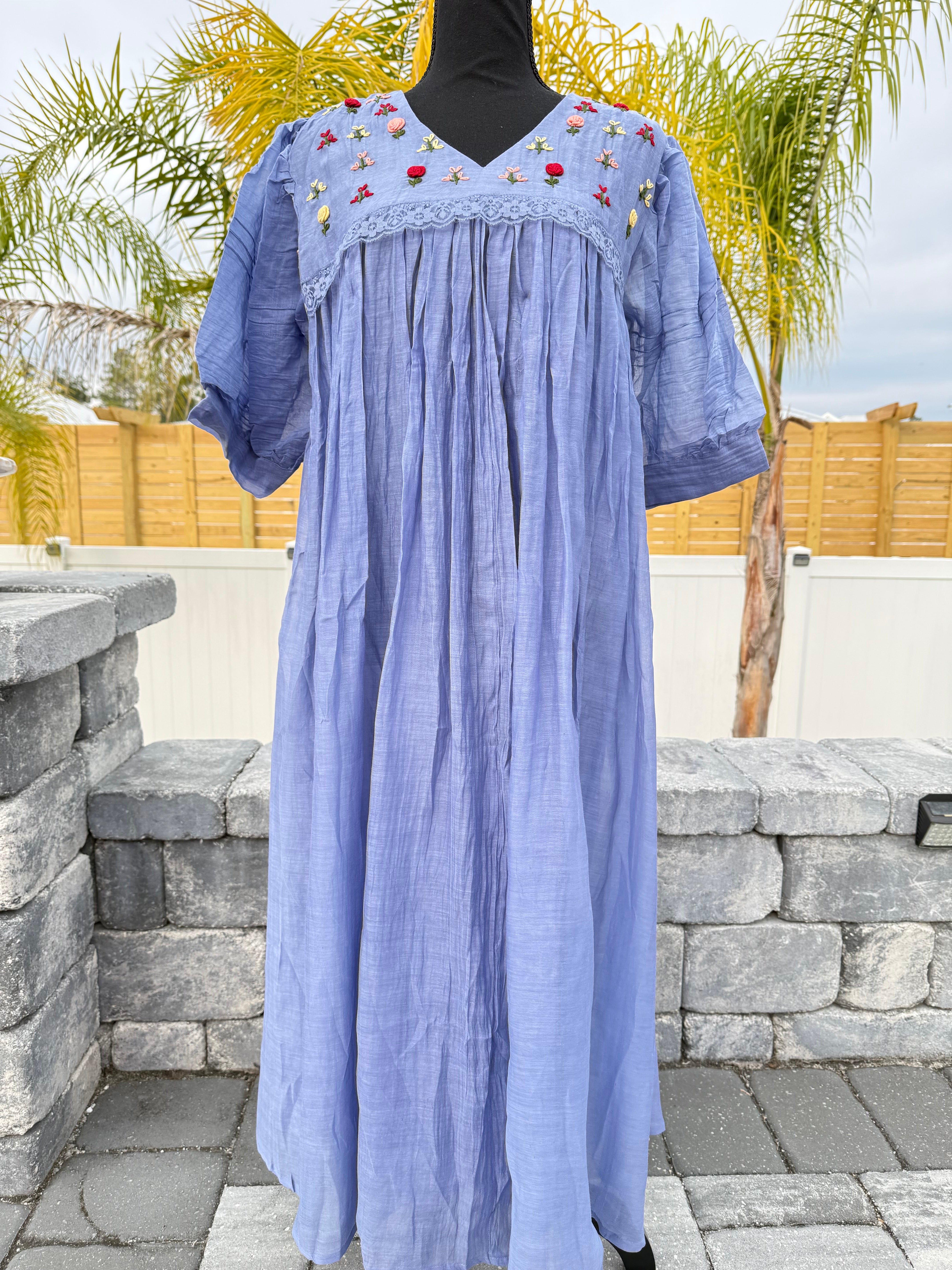 Cornflower blue mul chanderi frock with knot work