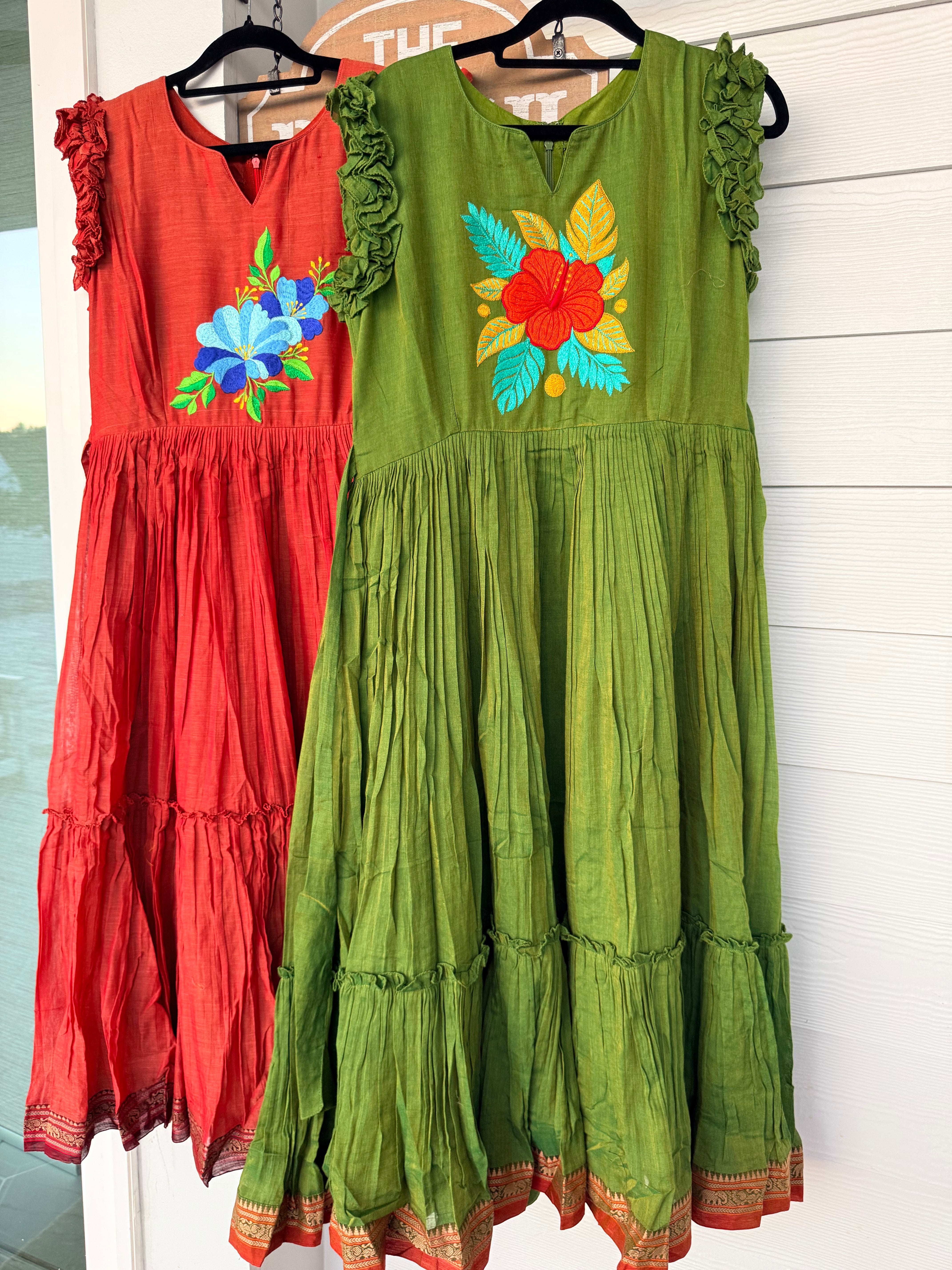 Mehendi Green Narayanpet frock with thread work