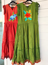 Mehendi Green Narayanpet frock with thread work