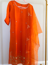 Orange organza set with hand work