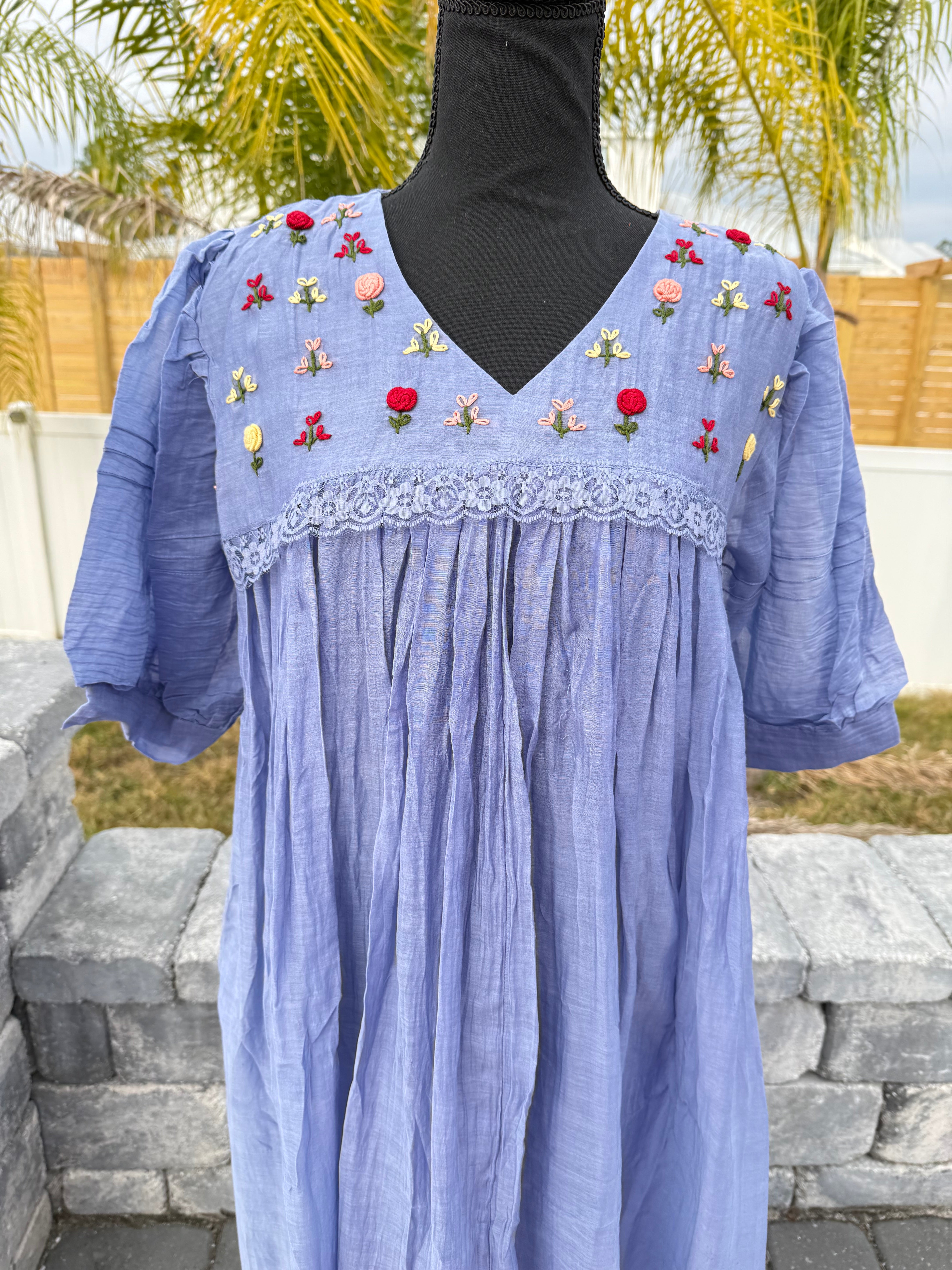 Cornflower blue mul chanderi frock with knot work